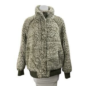 JouJou Women's Green Faux Sherpa Fur Turtleneck Long Sleeve Full Zip Sweater 1X